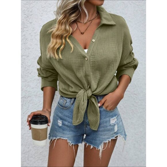 100% cotton button down shirt boho textured blouse olive green - Picture 3 of 7